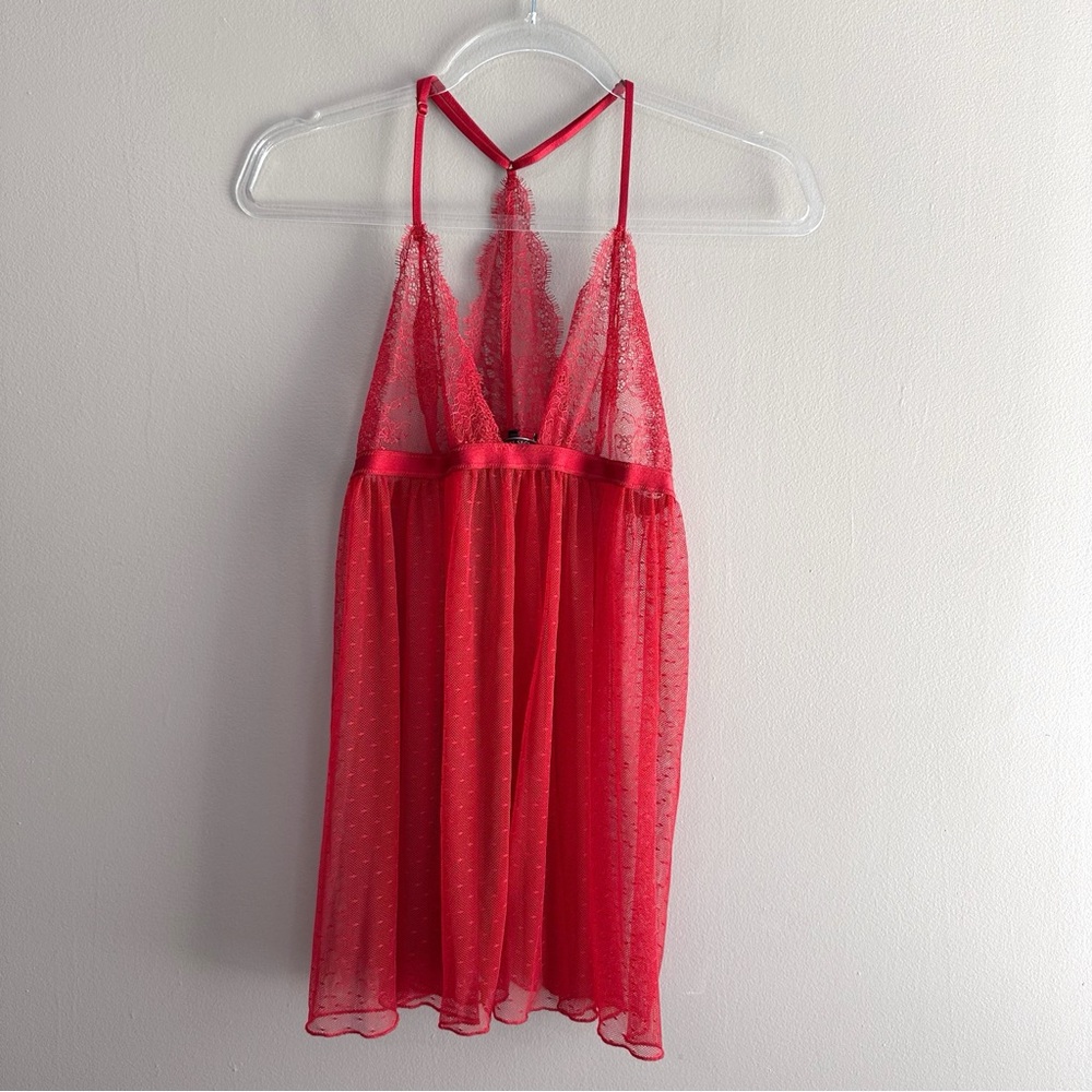 Victoria's Secret Red Sheer Mesh Lace Babydoll Chemise Womens Large Coquette